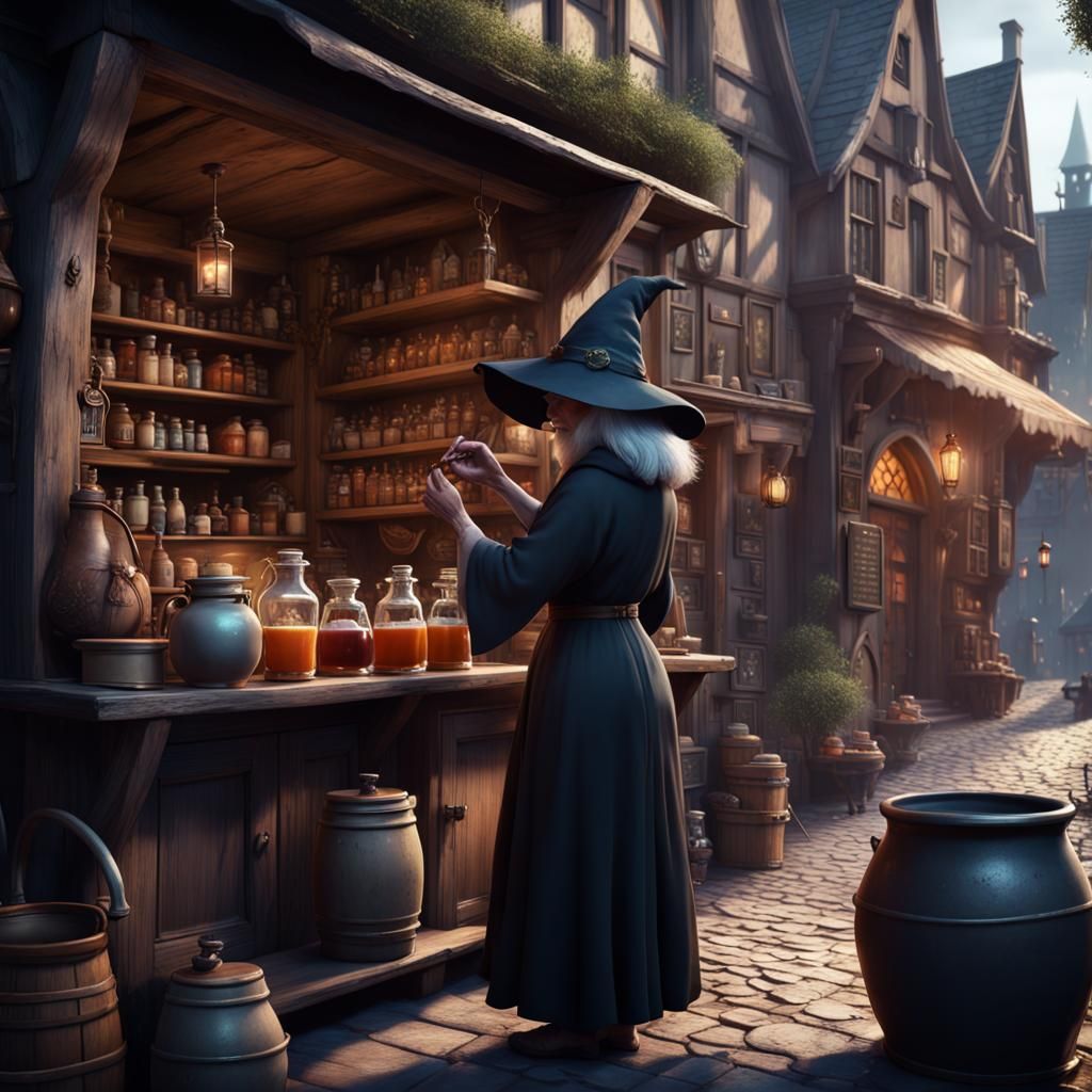 Elderly Witch Brewing Potion in Magical City