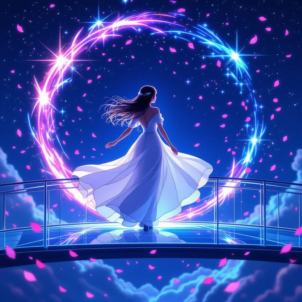 Celestial Goddess on Glass Bridge in Anime Style