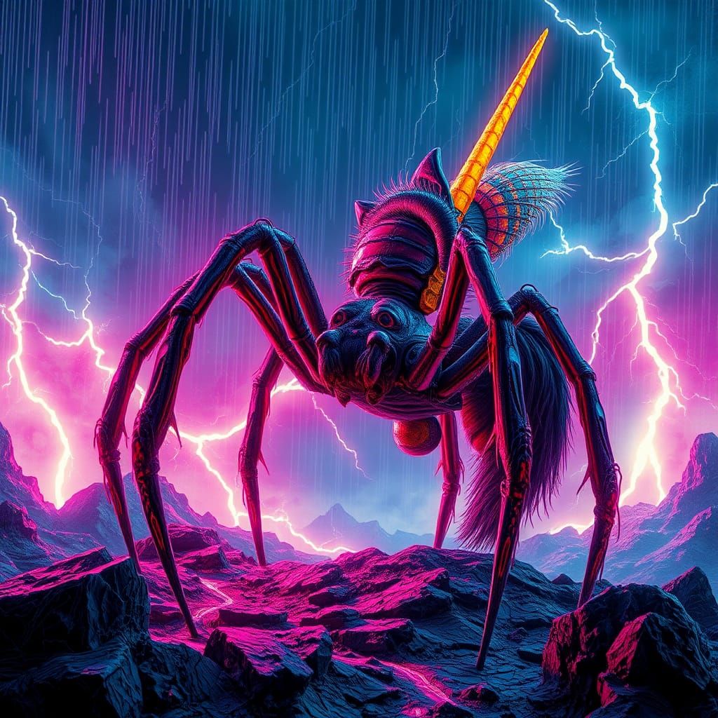 Surreal Black Widow Unicorn in Electric Storm