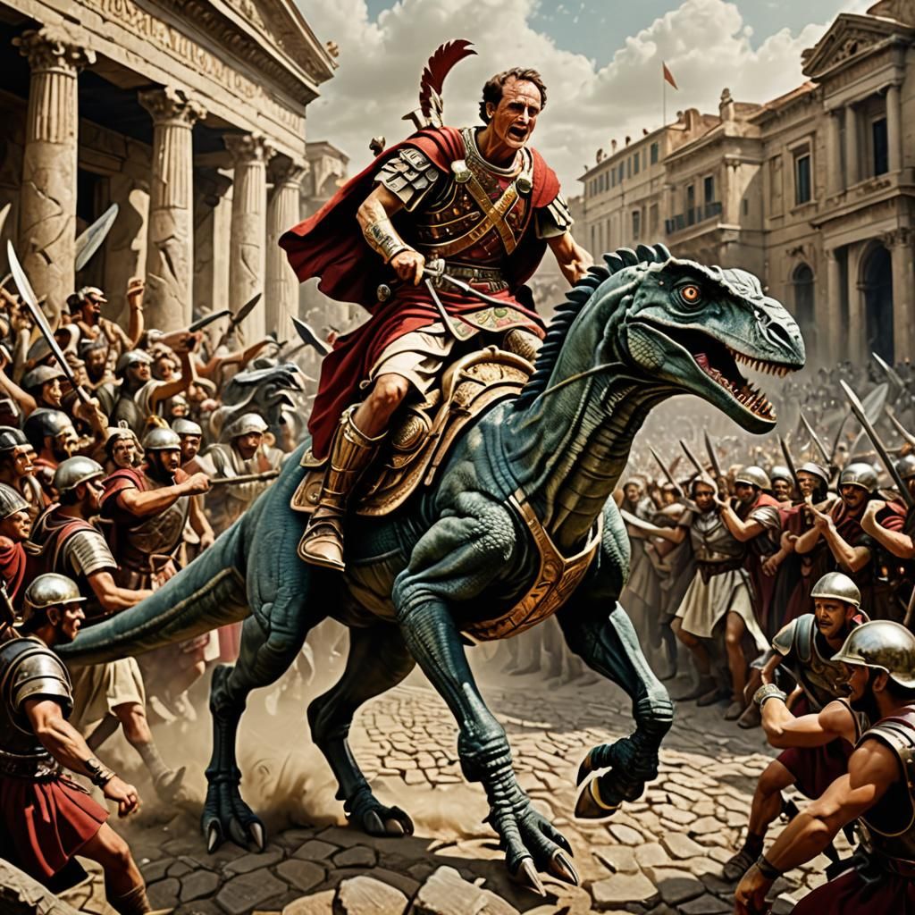 Caesar Rides Raptor into Battle