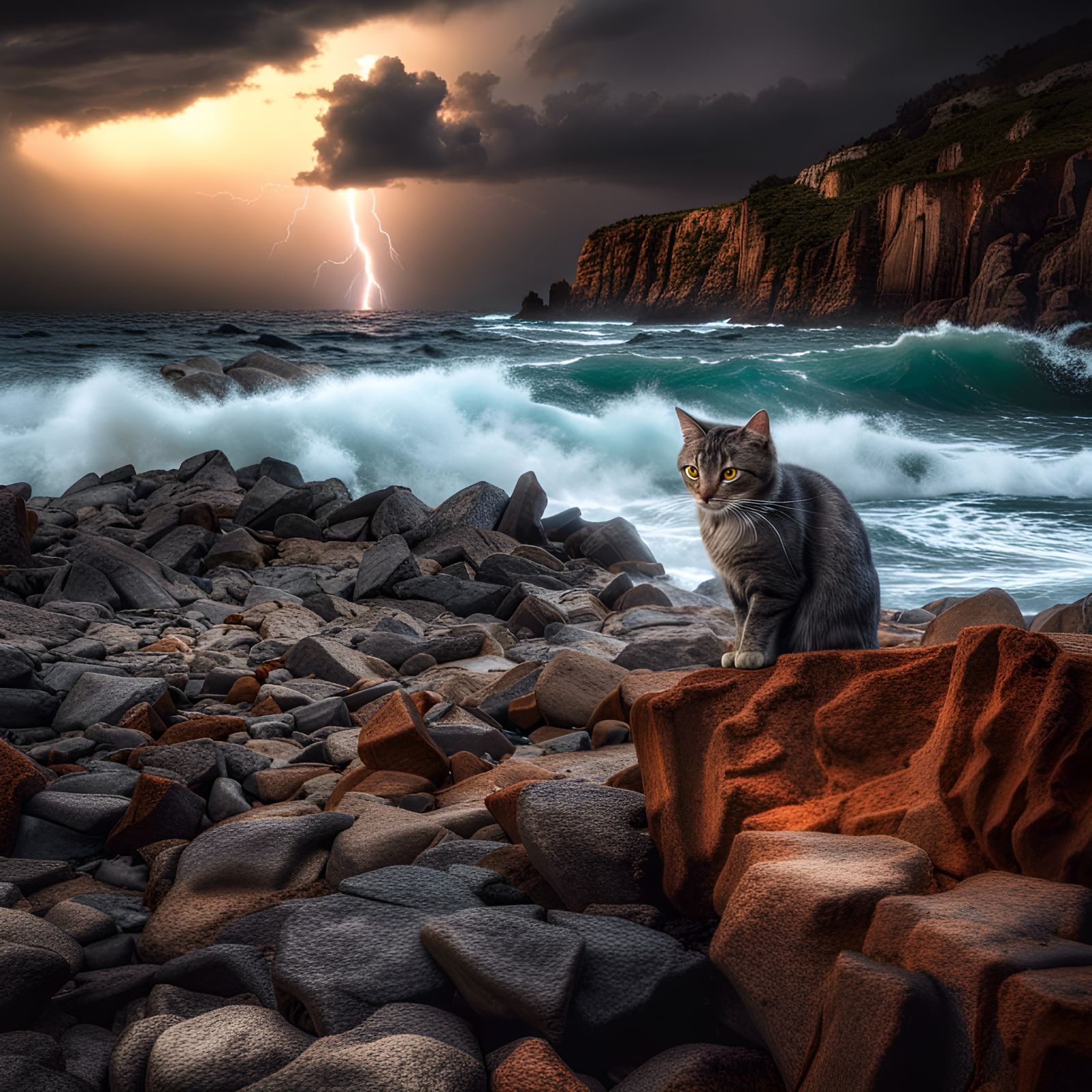 Stormy Coastal Scene with Lightning
