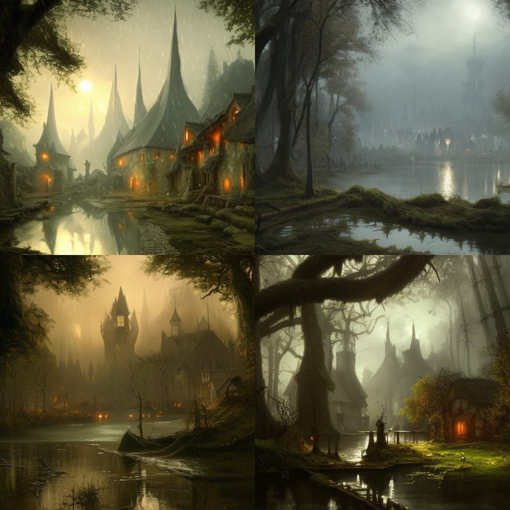 Dark Fantasy Village in Decaying Forest