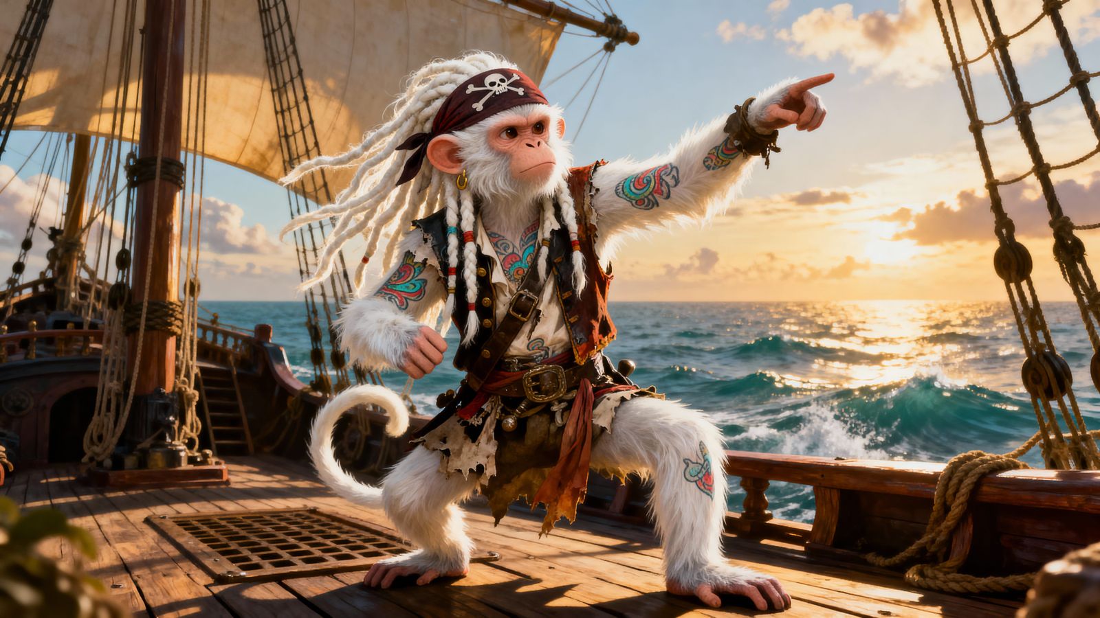 Dread Pirate Monkey on Ship, Vibrant Colors