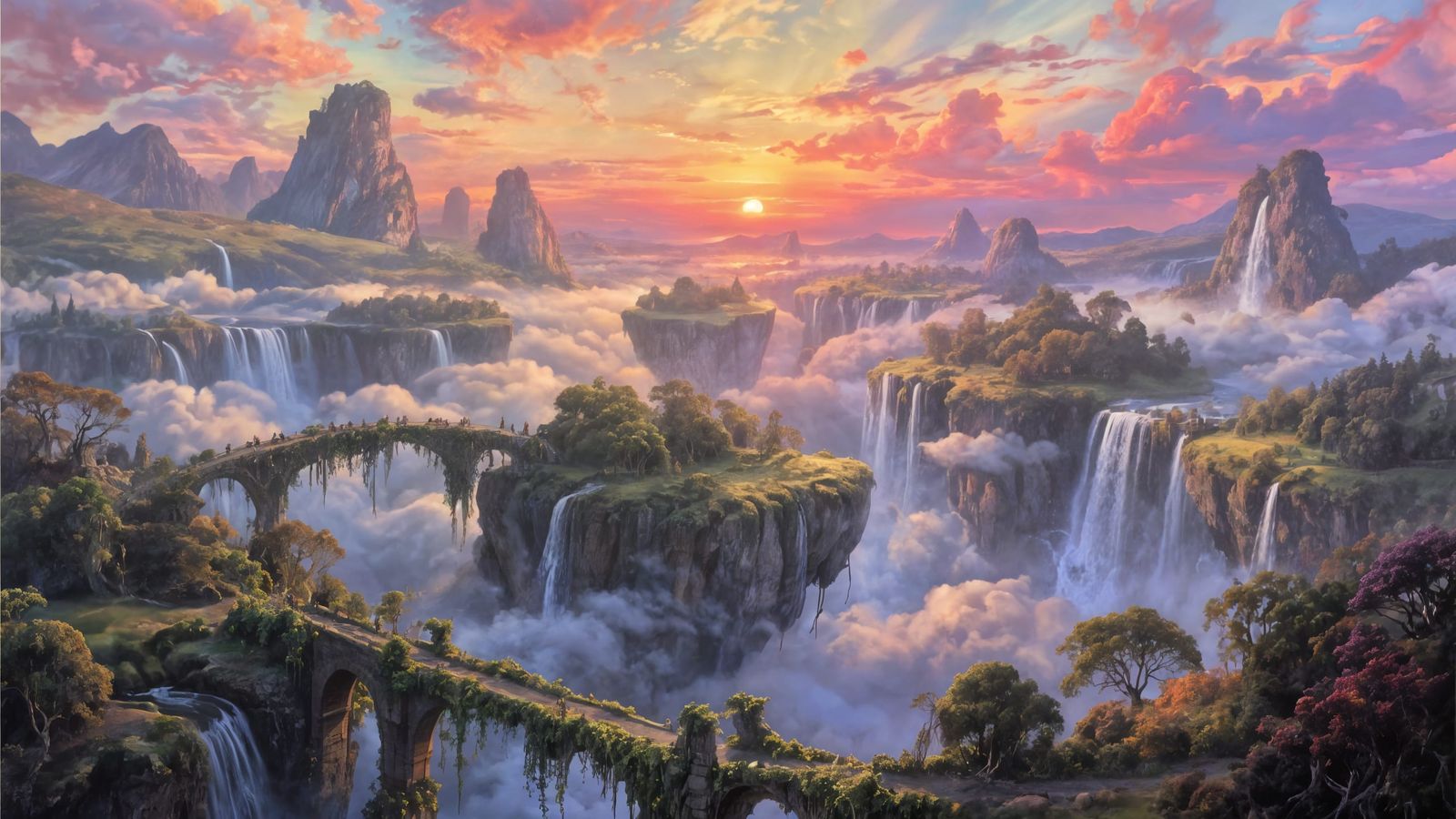 Floating Islands Amidst Double Sunset Sky