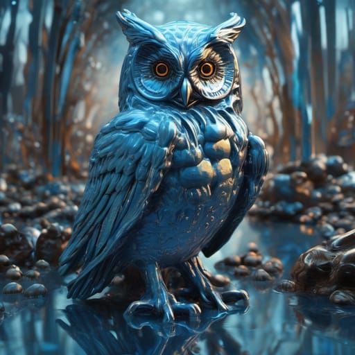 Blue Liquid Paint Owl in Art Nouveau Style