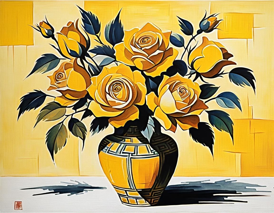 Cubist Chinese Ink Painting of Yellow Roses