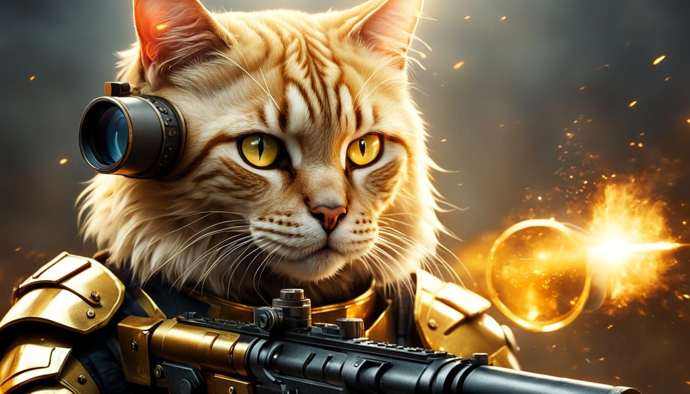 Armored Cat Marksman in Golden Light, Digital Art