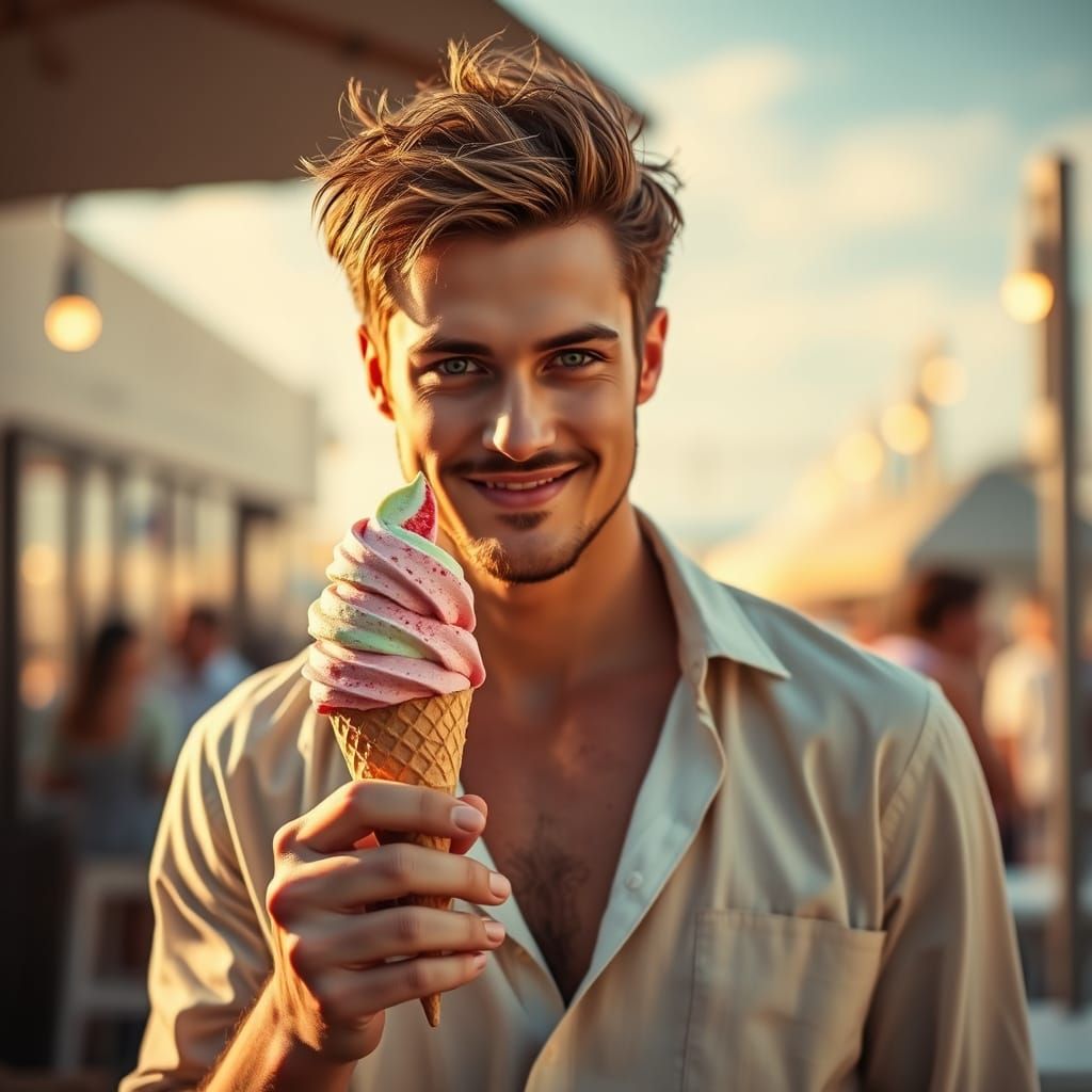 Dreamy Man with Ice Cream in Summer Scene
