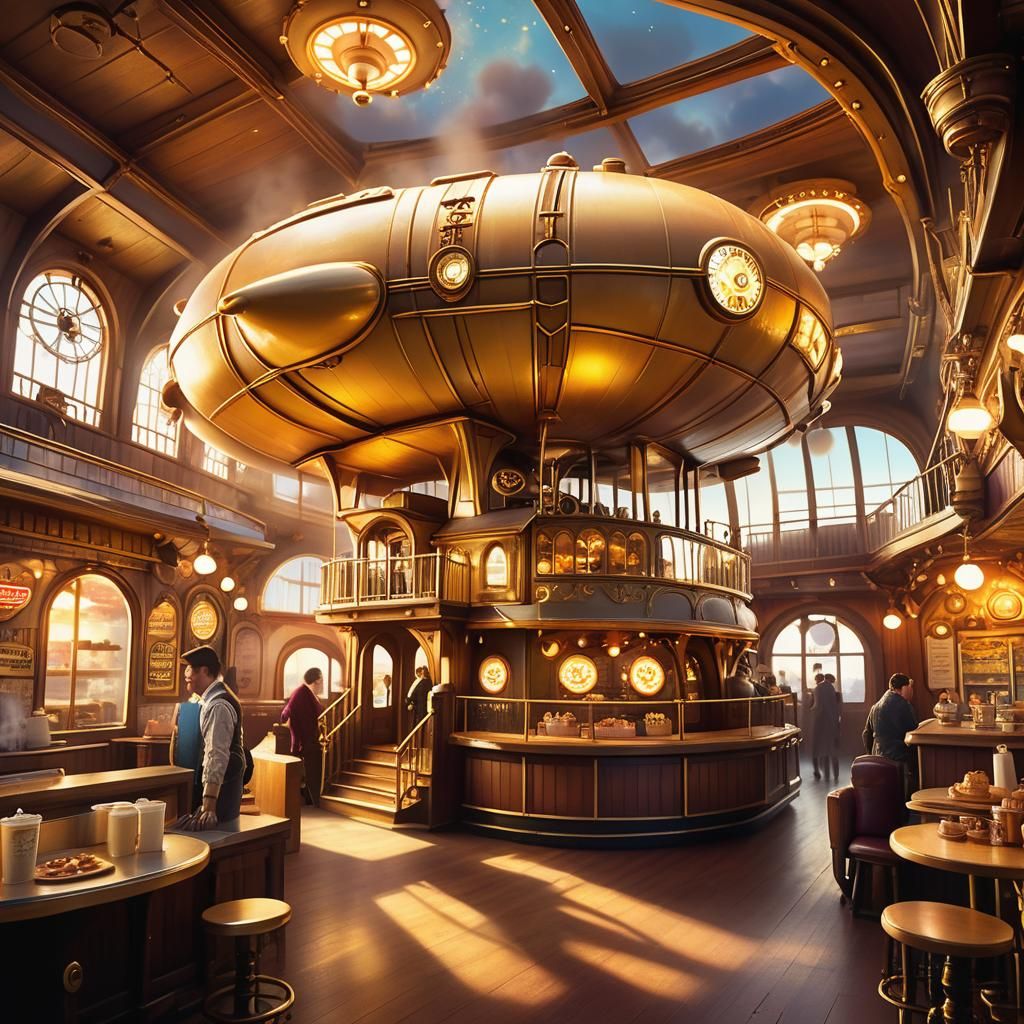 Ethereal Fantasy Airship Donut Shop in Golden Light