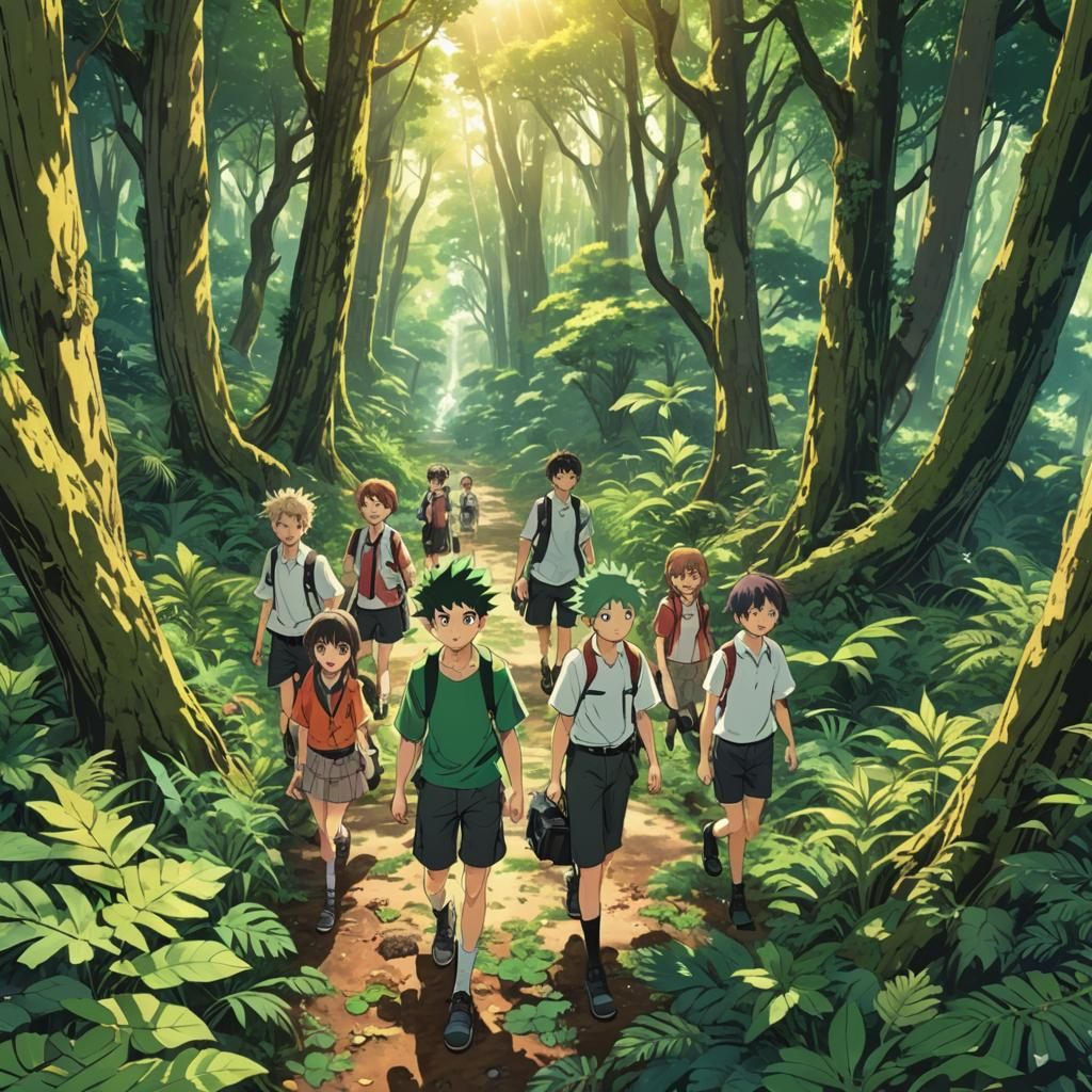 Gon Freecss and Friends in Lush Anime Forest