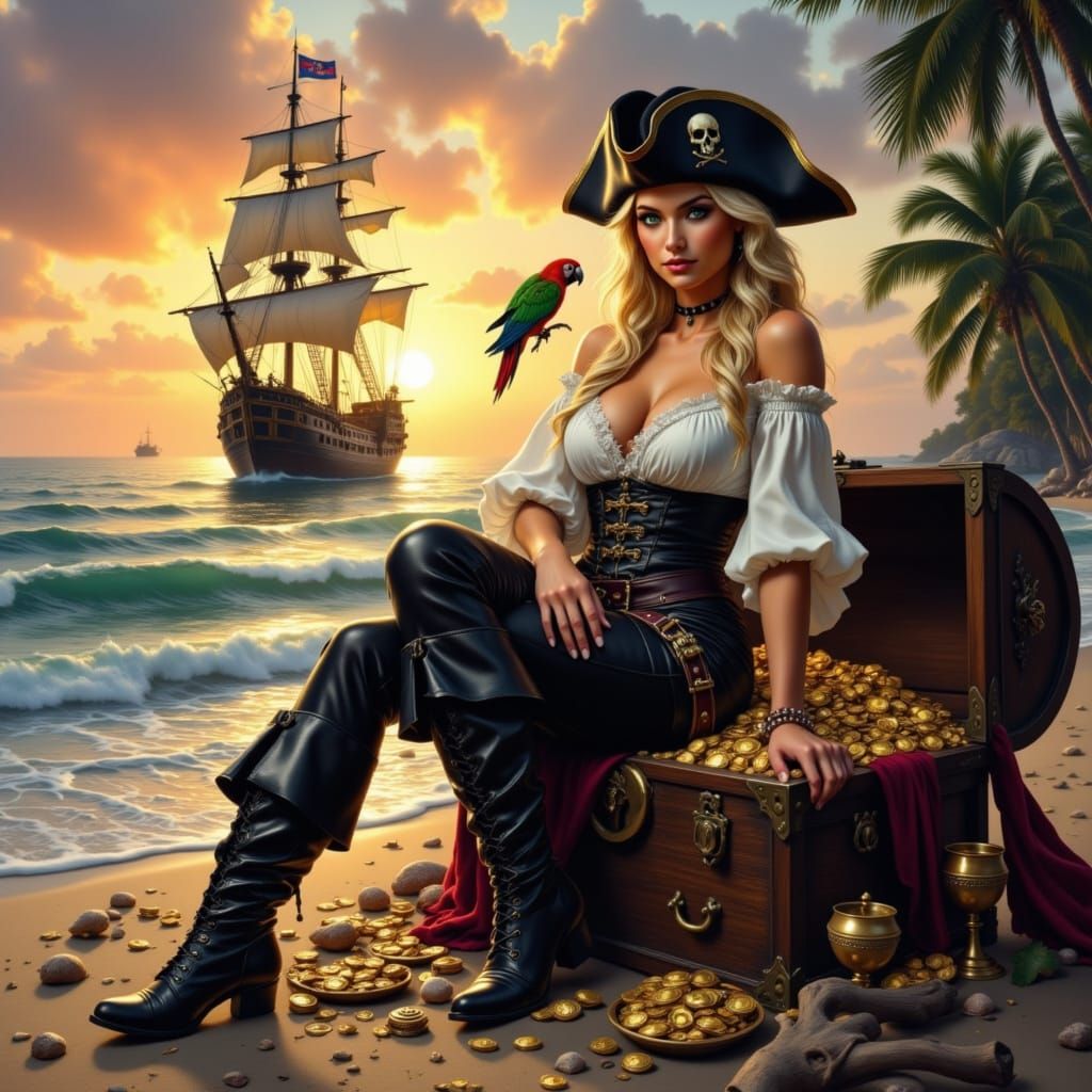Pirate Queen on Treasure Chest at Sunset