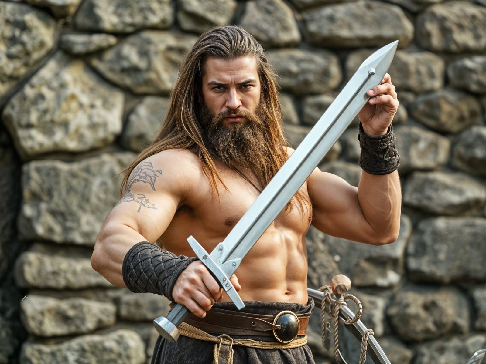 Muscled Barbarian Stands Heroic in Front of Ancient Stone Wa...