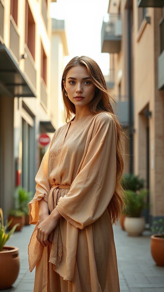 Seductive Woman Embracing Contemporary Urban Oasis