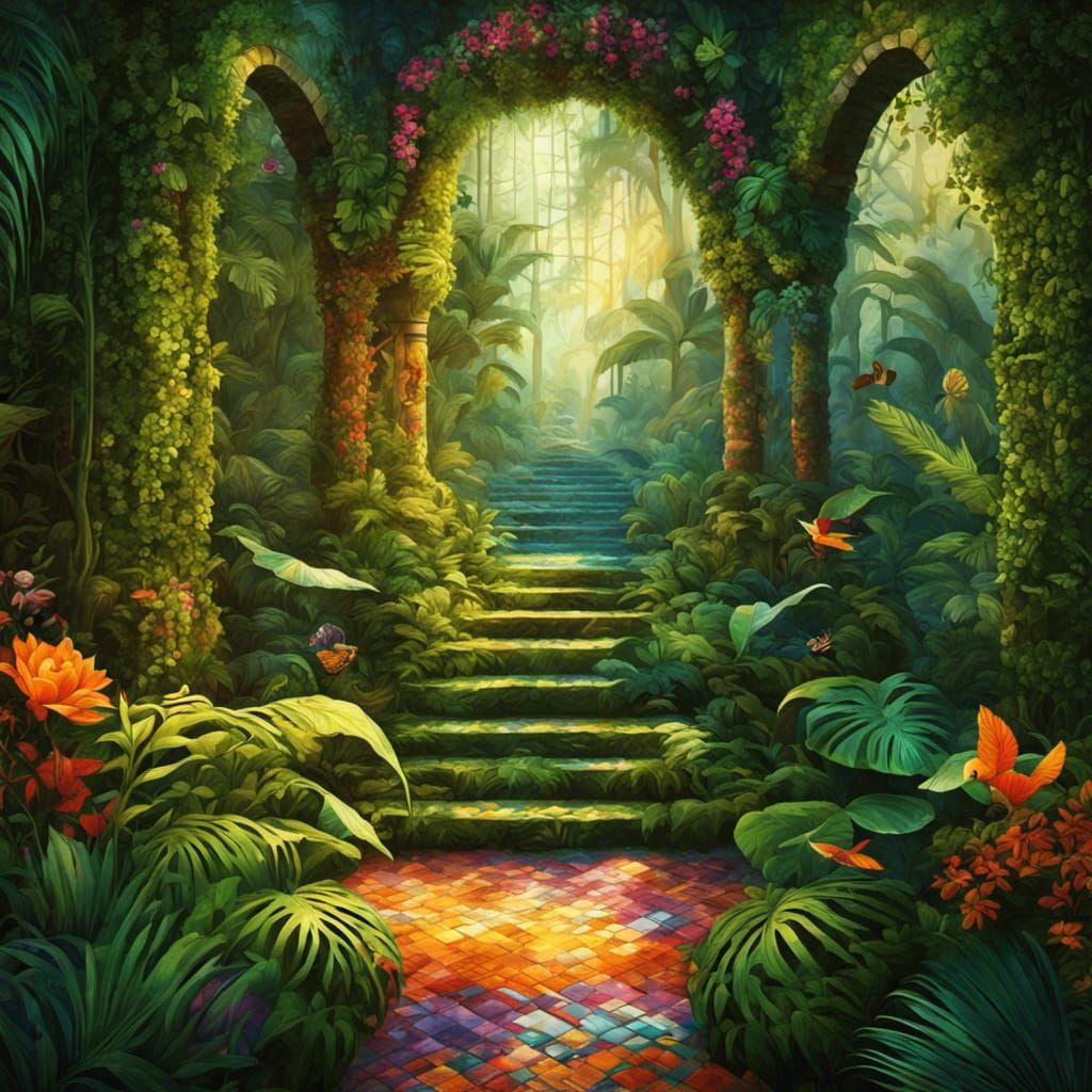 Vibrant Jungle Mosaic in Magical Realism Style