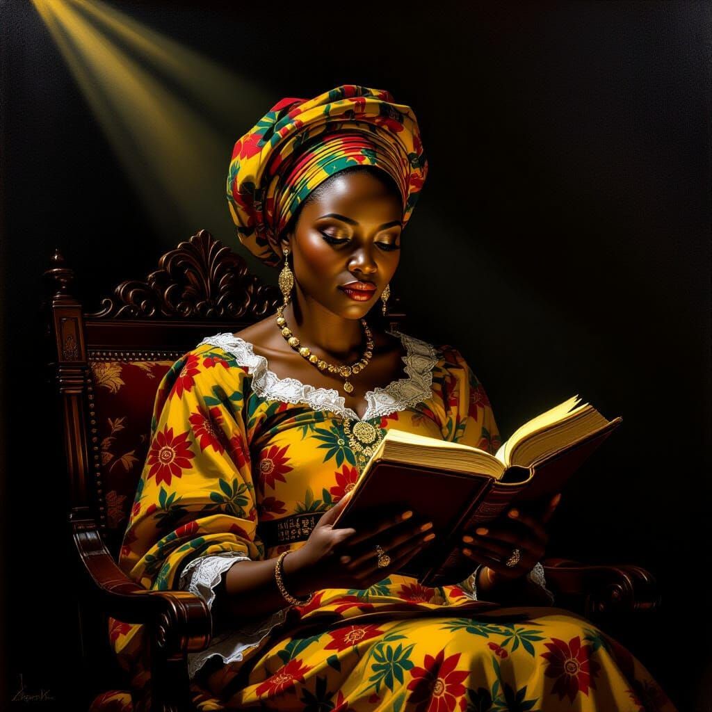 Ghanaian Woman Contemplates Ancient Book in Chiaroscuro Stud...