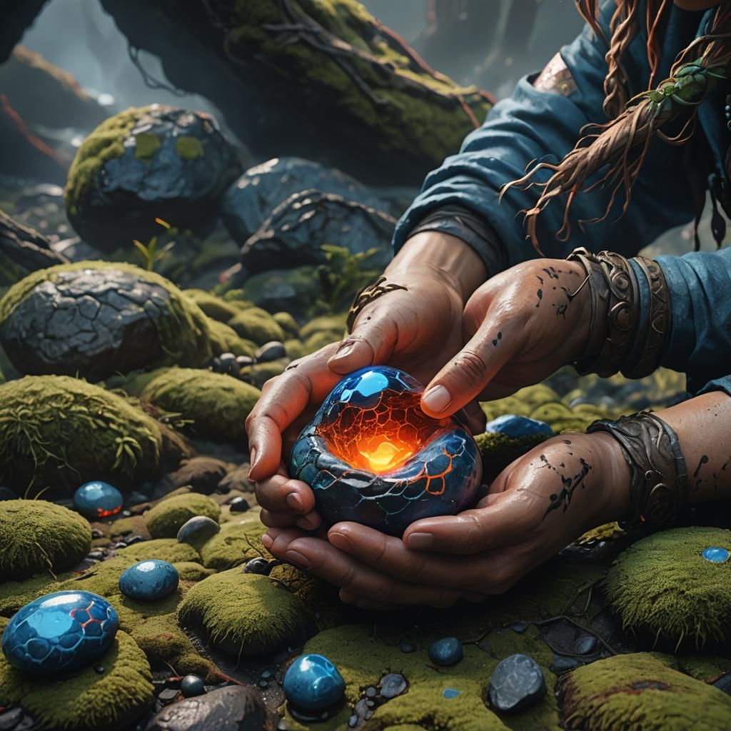 Glowing Pebble Held by Stone Woman: Dystopian Fantasy Art