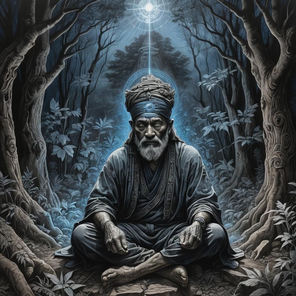 Mystical Guru Shooting Laser: Charcoal Drawing