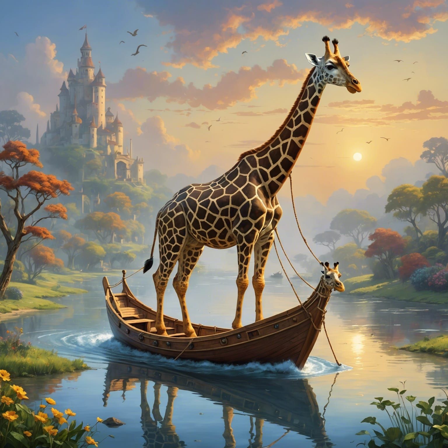 Giraffe Boat in Ethereal Fantasy Landscape
