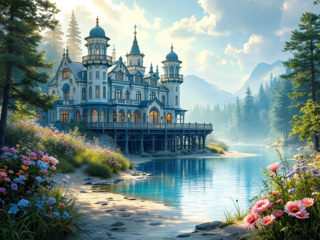 Majestic Light Blue Victorian Mansion Along Tranquil River