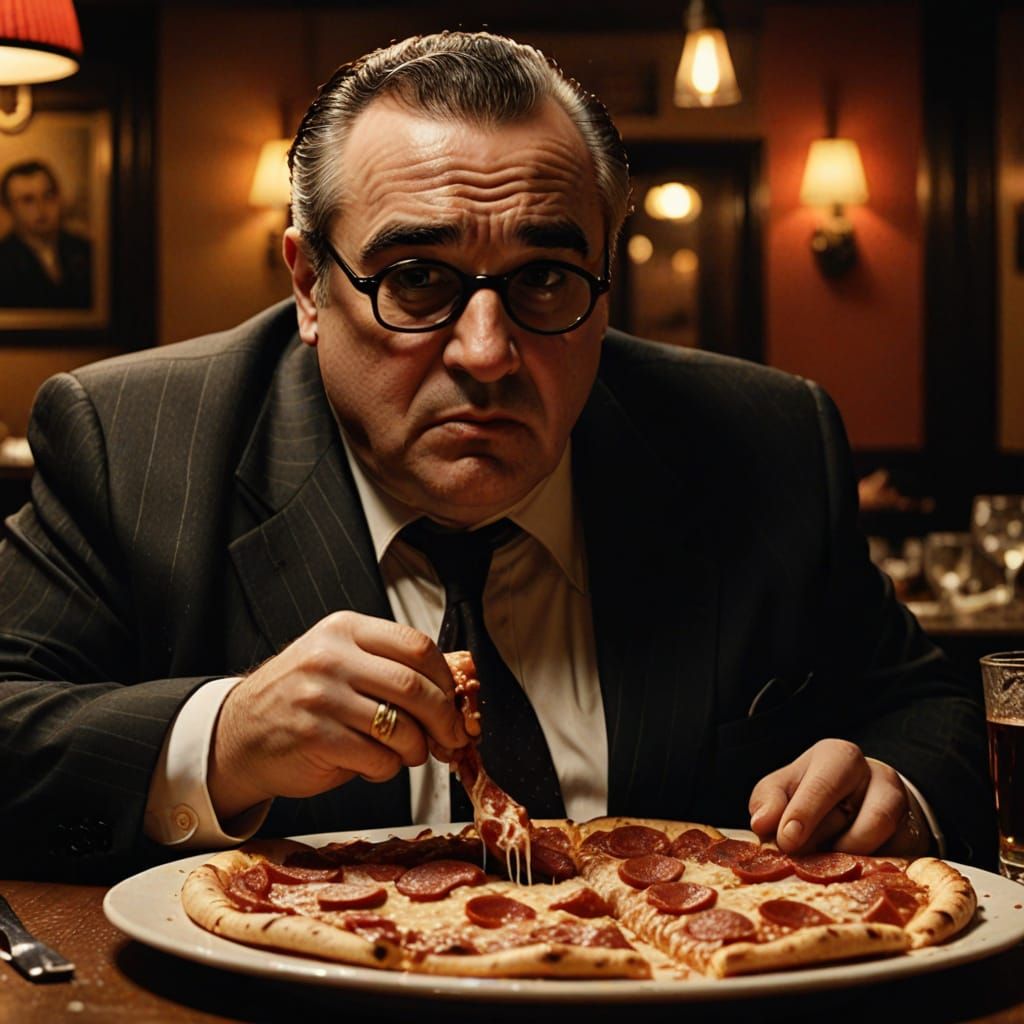 Mafioso Pizza Feast in Film Noir Style