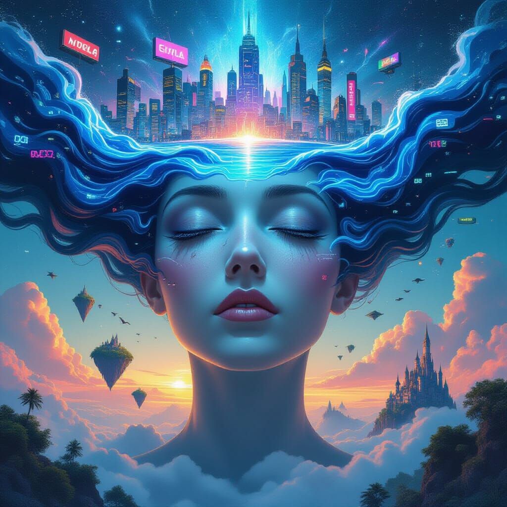 Surreal Floating Head with Dystopian and Fairytale Worlds