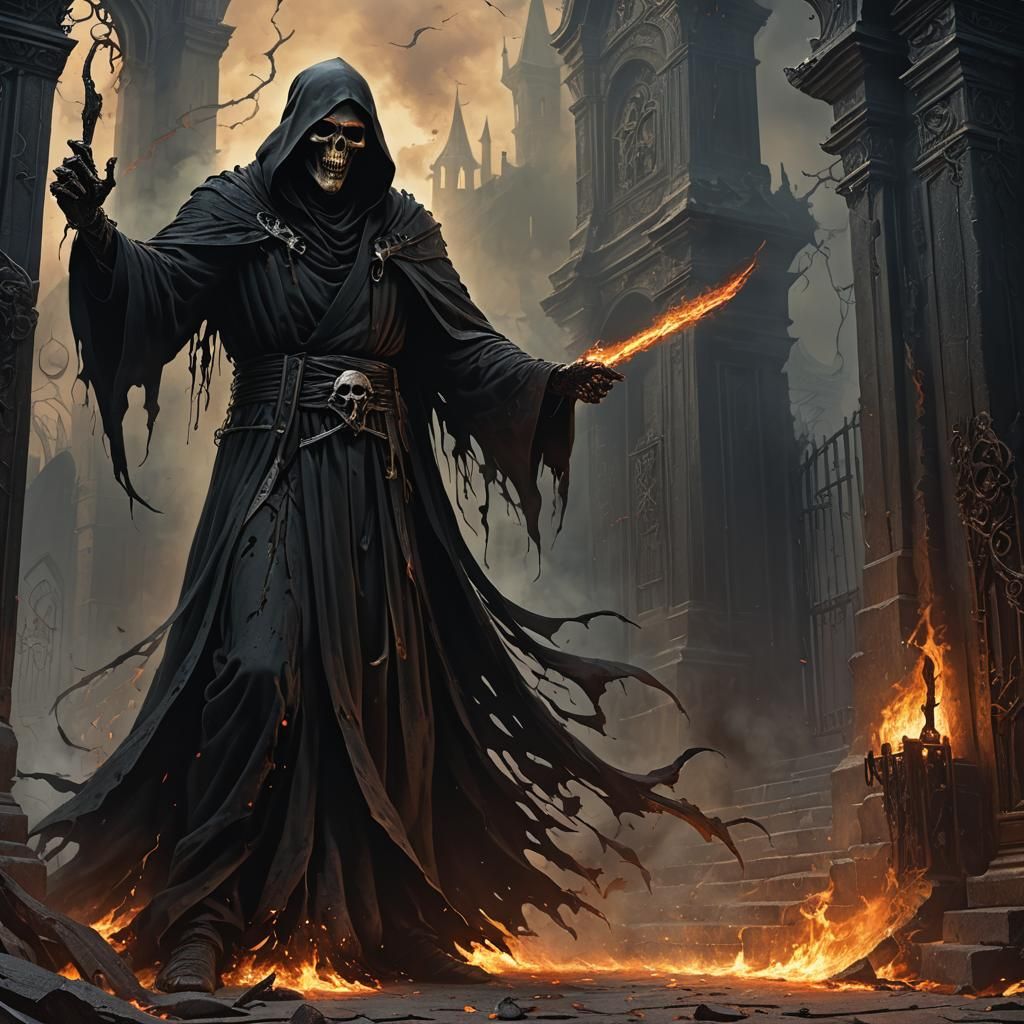 Grim Reaper Beckons at Hell's Gates: Digital Painting
