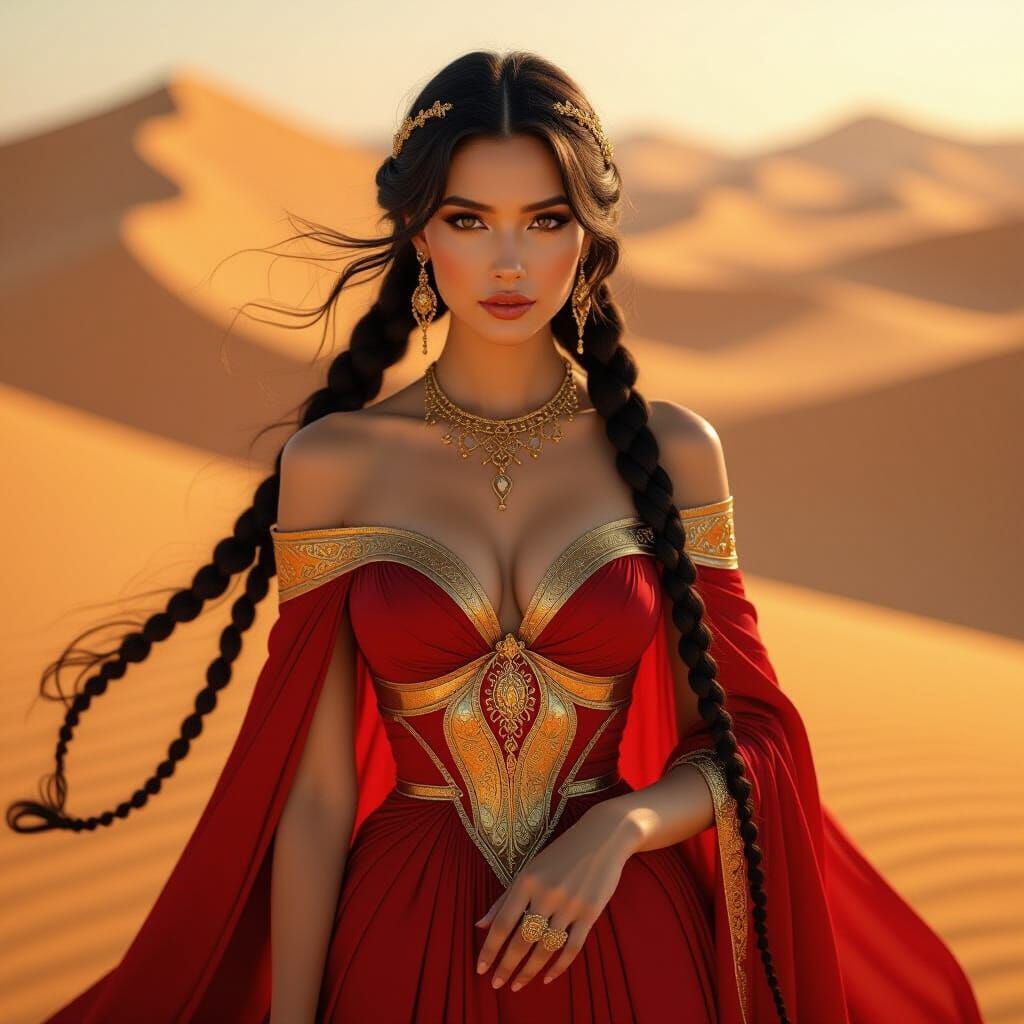 Regal Desert Queen in Crimson Gown, Golden Dunes