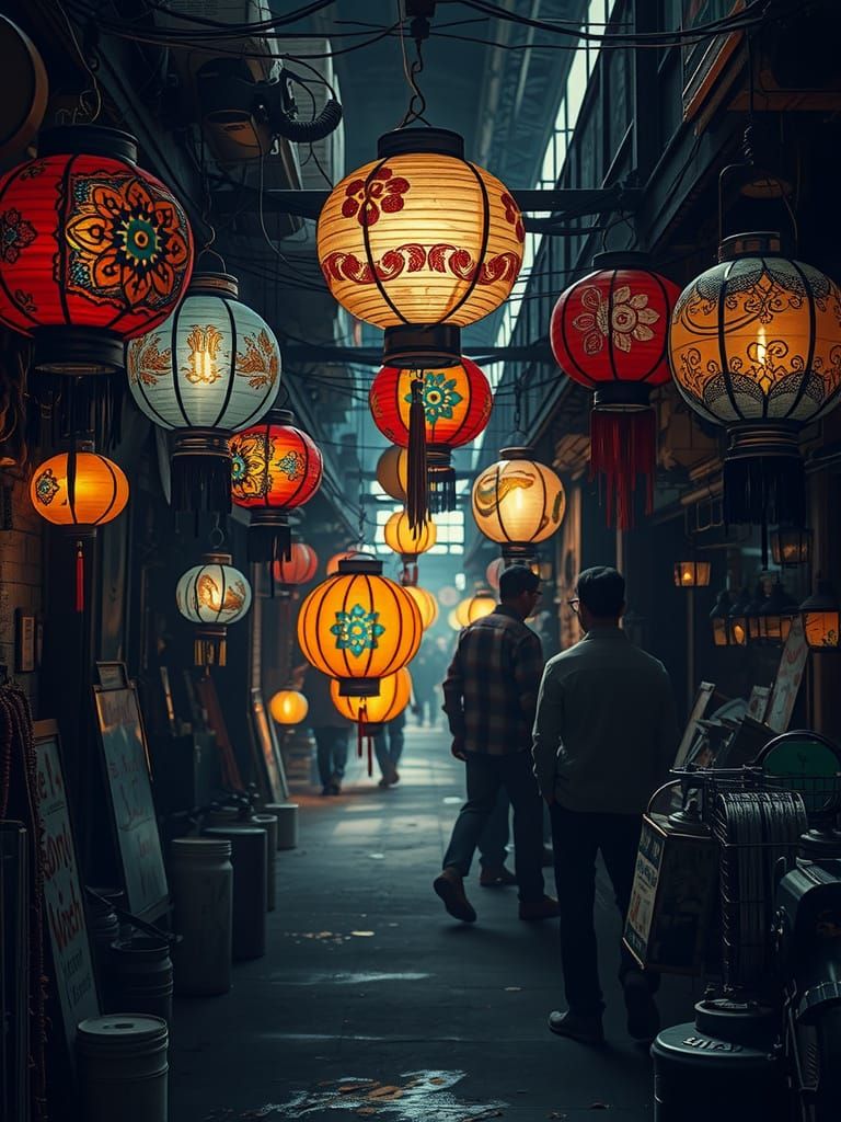 Oil-punk Lanterns in Decaying Marketplace