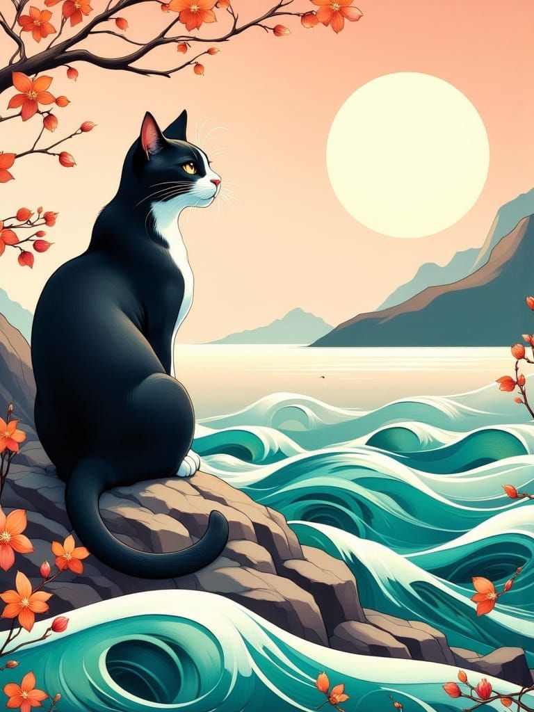 Elegant Art Nouveau Cat Admires Japanese Landscape