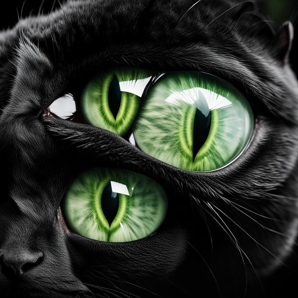 Intense Green Cat Eyes on Black Background