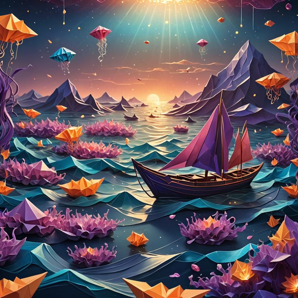 Origami Boat on Bioluminescent Sea
