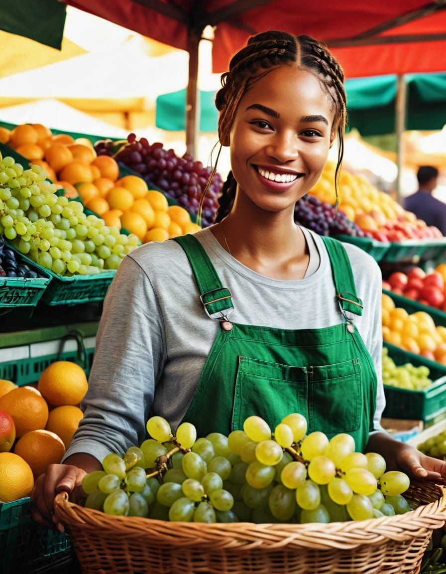 Smiling Woman Selling Fruit in Vibrant Style
