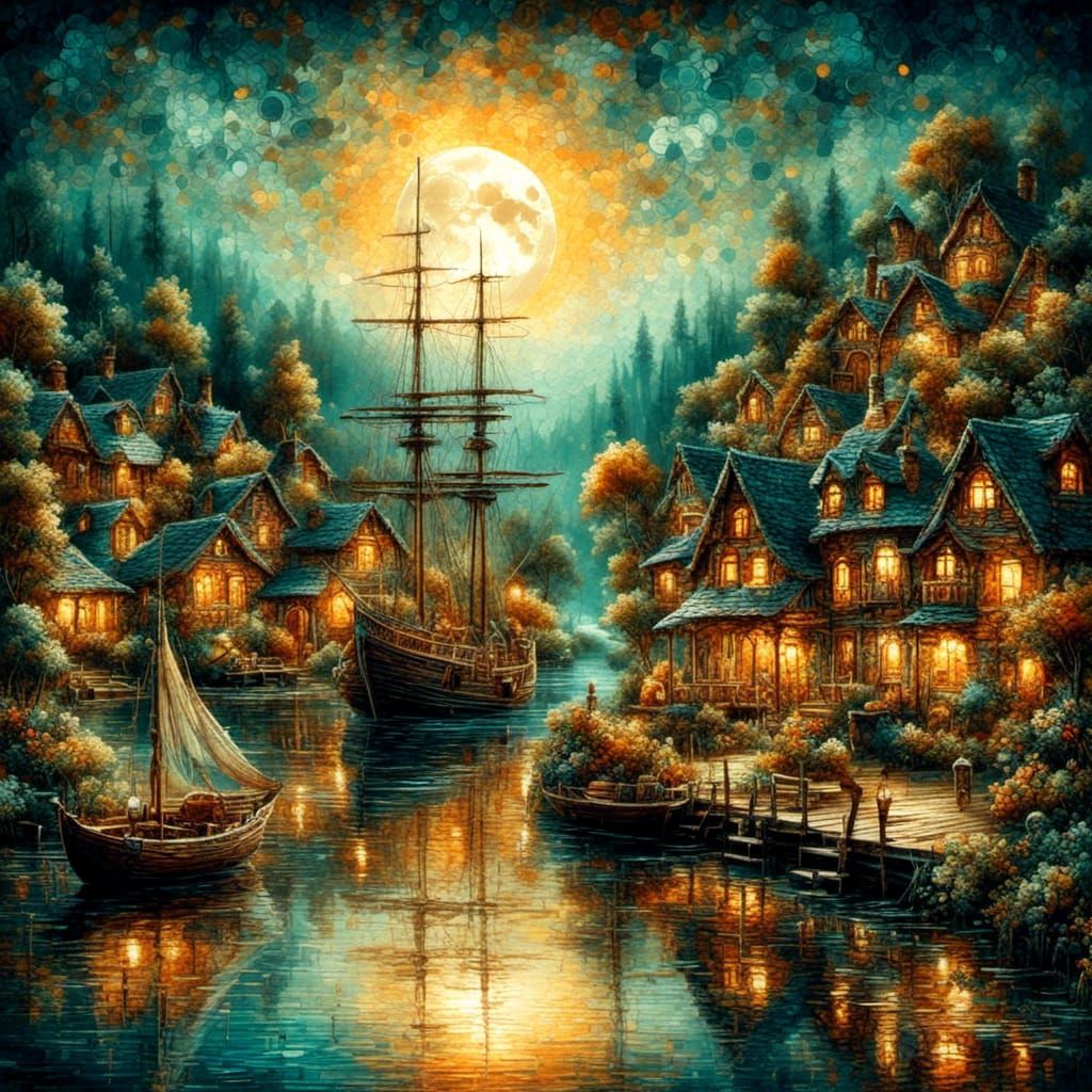 Fantasy Landscape: Colossal Moon in Impasto Oil Painting