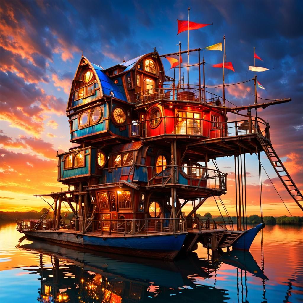 Steampunk Boat Treehouse on a Barge at Sunset