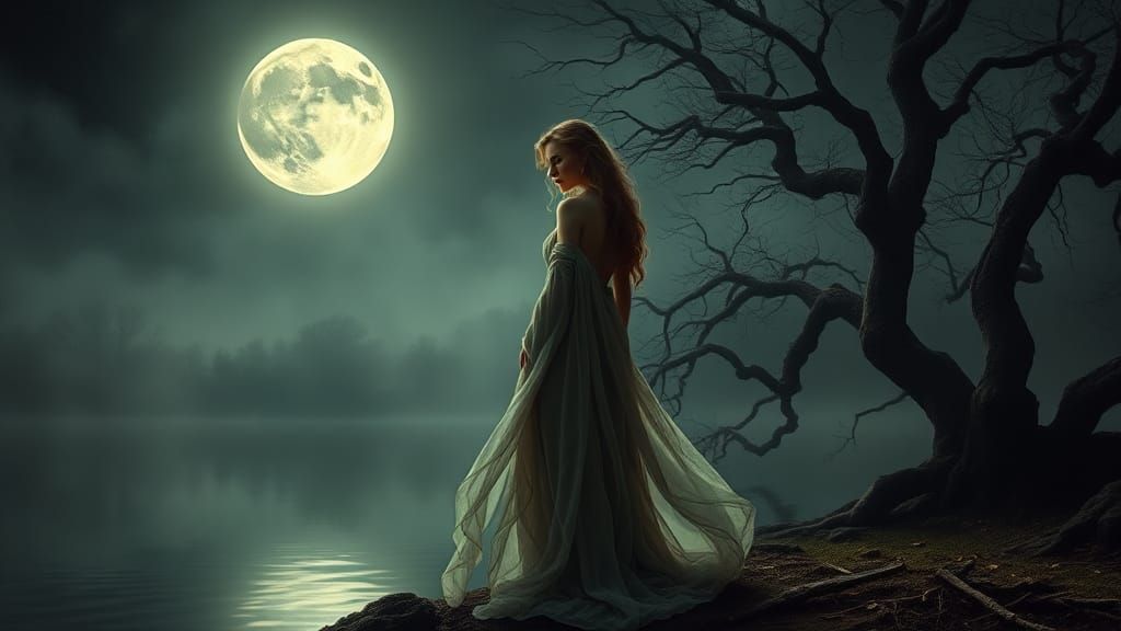 Mystical Woman at Moonlit Lake in Gothic Style