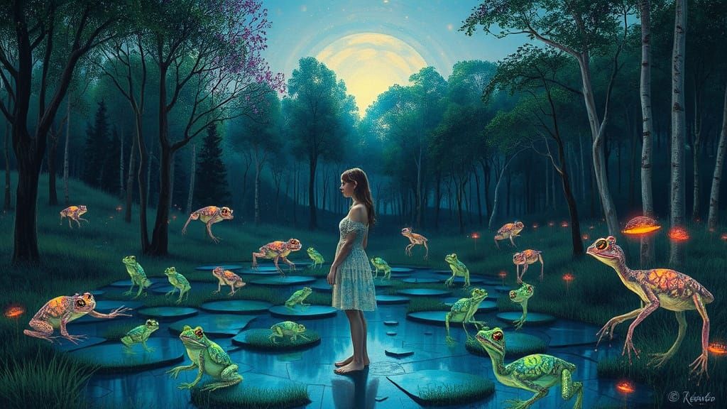 Mystical Woman in Bioluminescent Forest: Bio-Art Surrealism