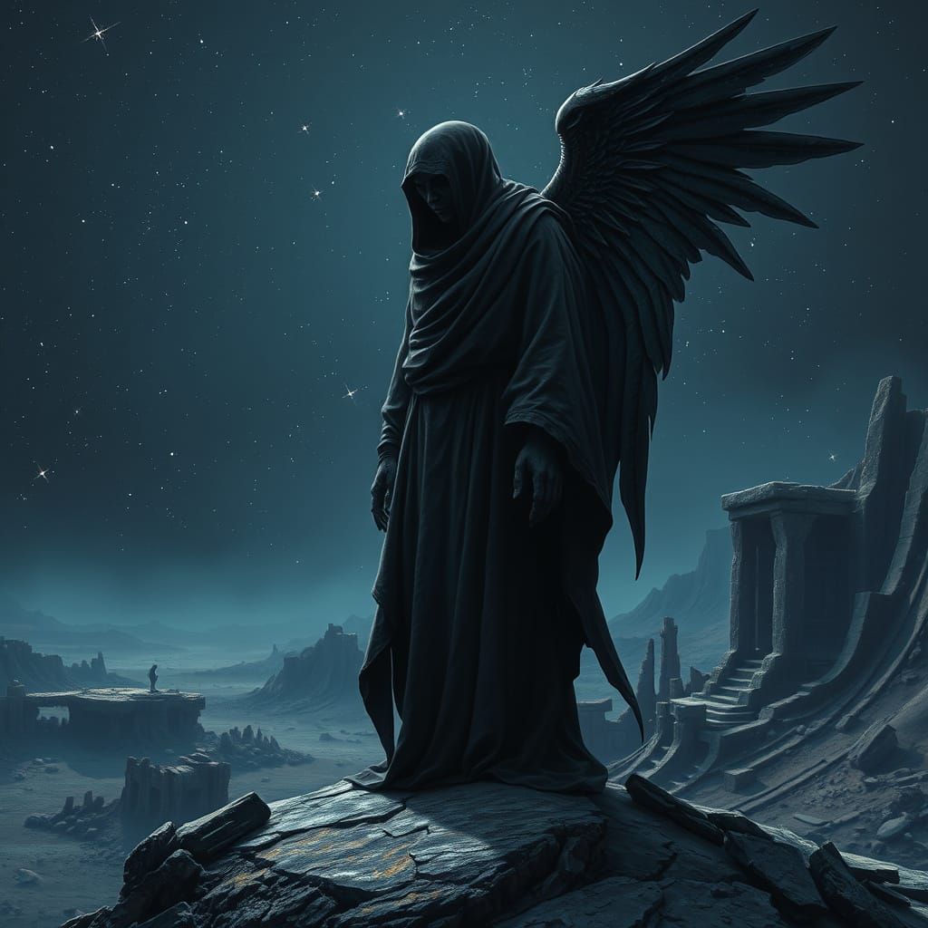 Solemn Winged Figure on Terraformed Alien Planet