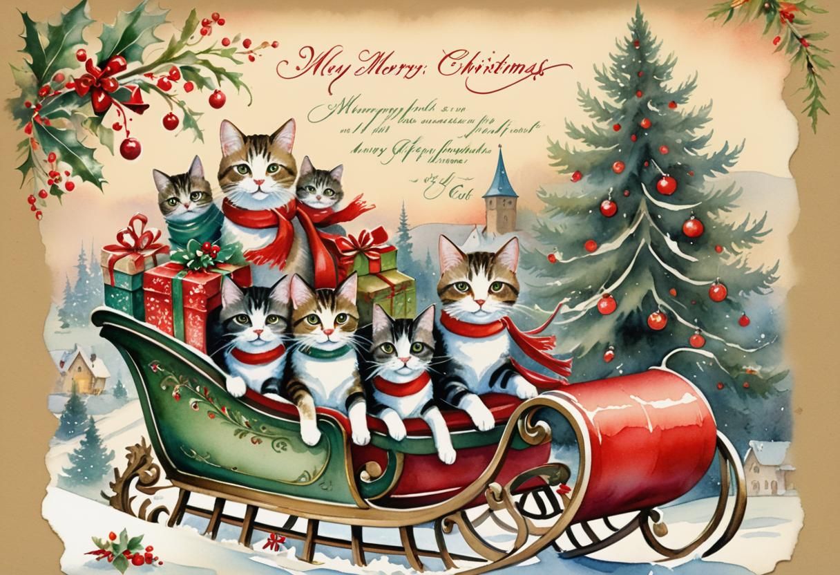 Vintage Christmas Postcard with Cats in Sleigh