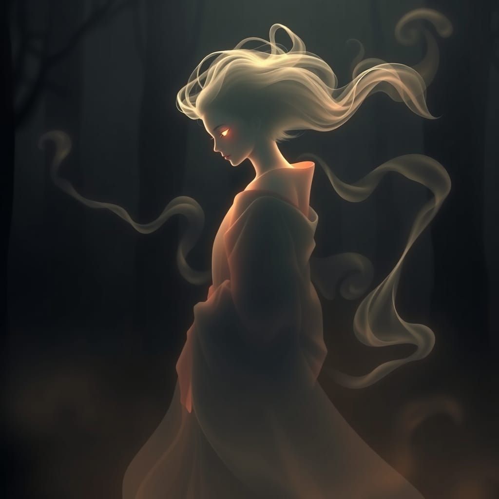 an artistic illustration of haunting beauty. smoke billowing in the wind forming a silhouette of a japanese geisha. a my...