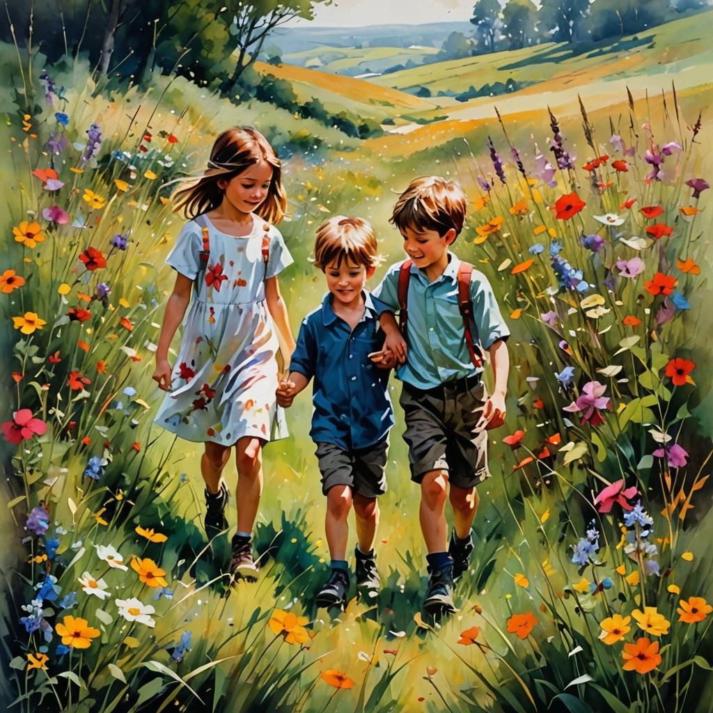 Vibrant Wildflower Meadow with Children, Watercolor Style