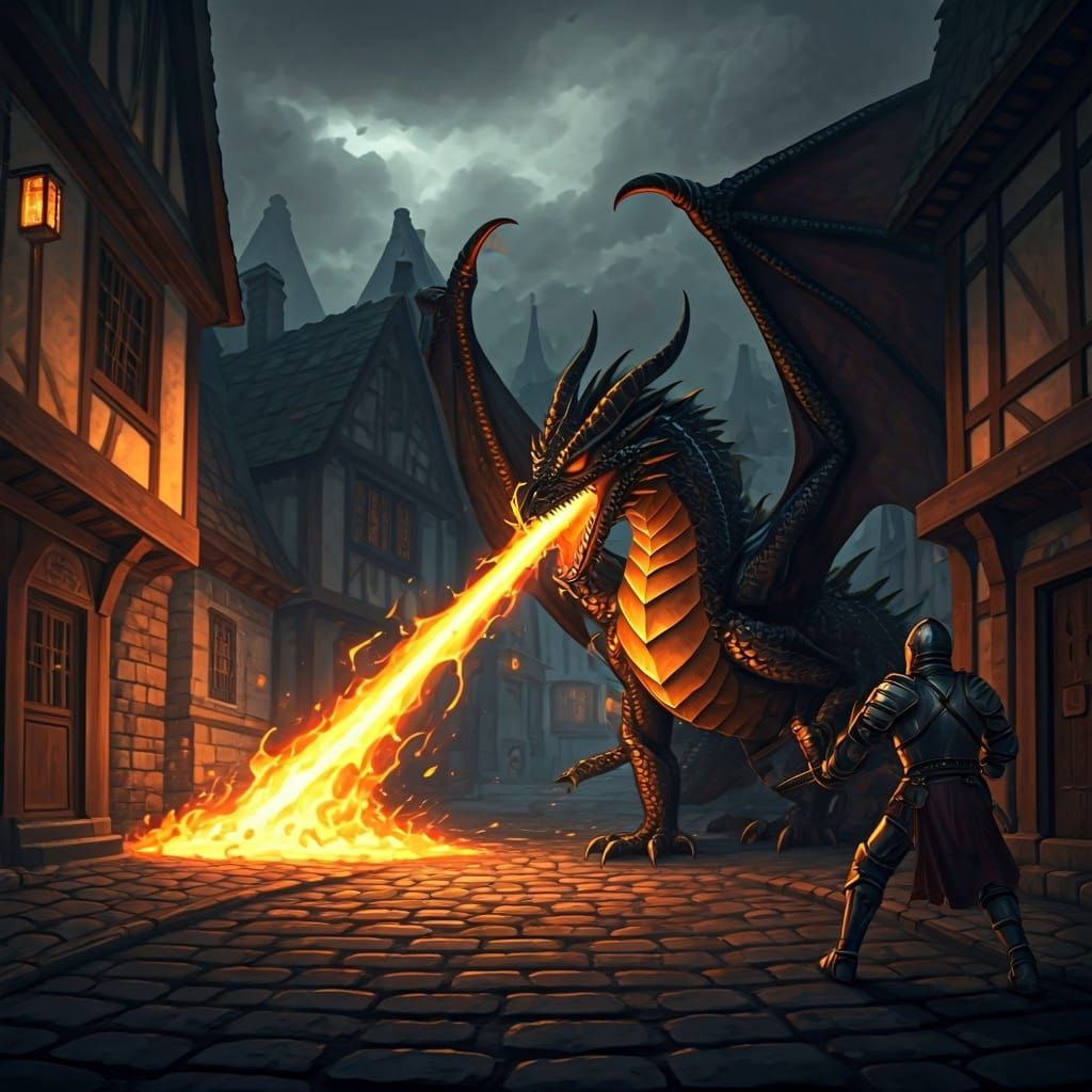 Dragon's Acid Attack on Knight: Hyperrealistic Dark Fantasy