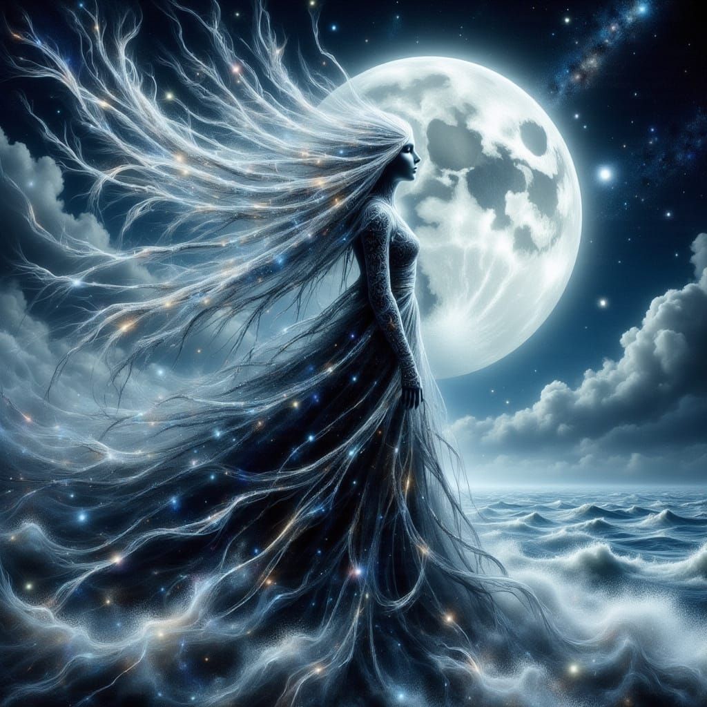 Moonlit Sorceress Overlooking a Magical Sea