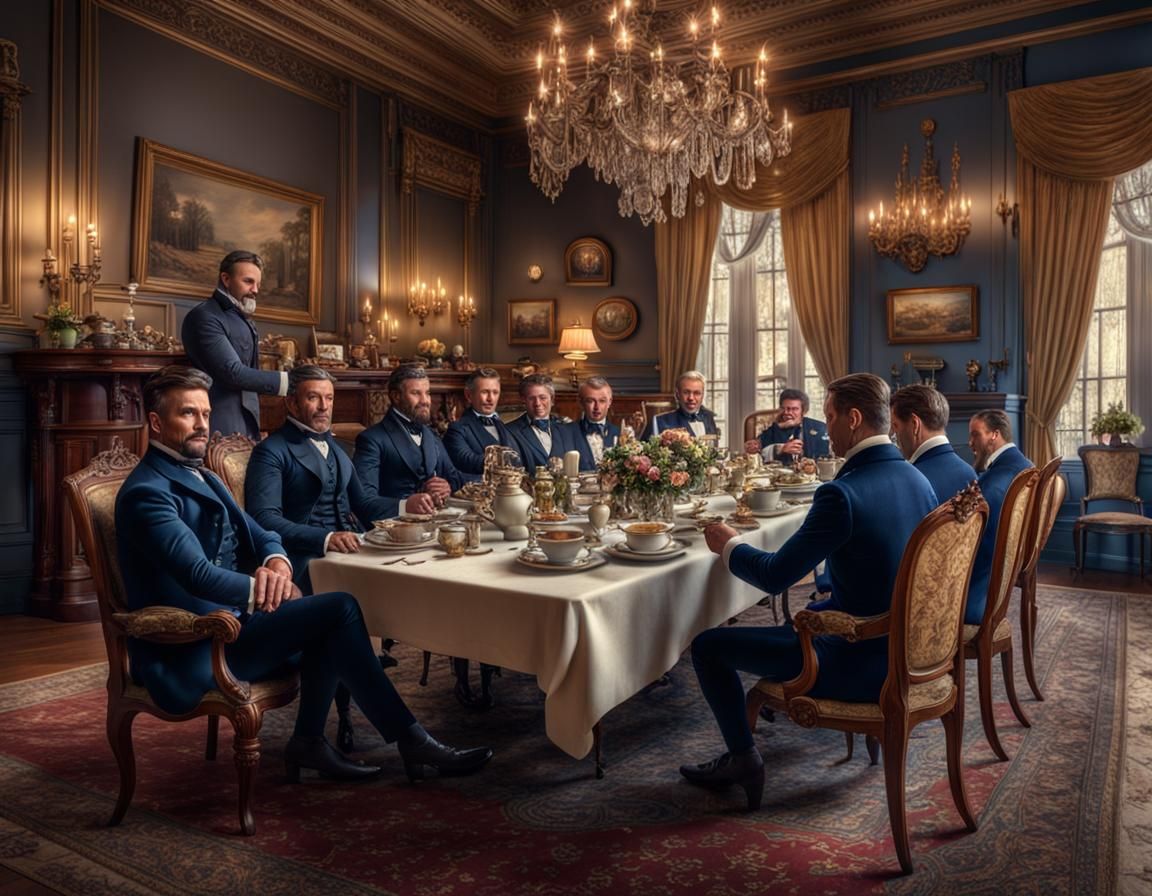 Victorian Men's Tea Party in Opulent Dining Room