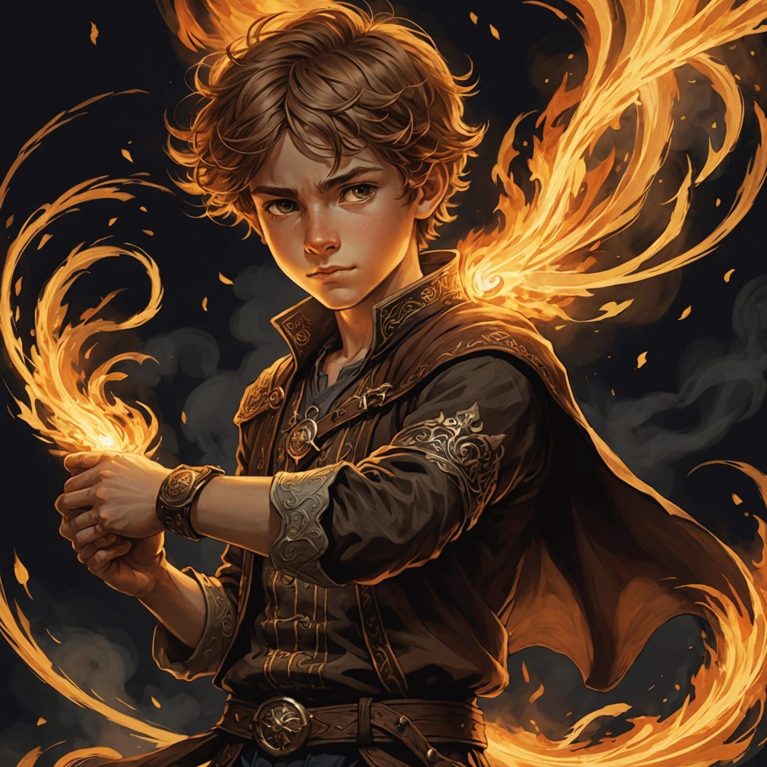 Anime Boy Surrounded by Fire in Chiaroscuro Style