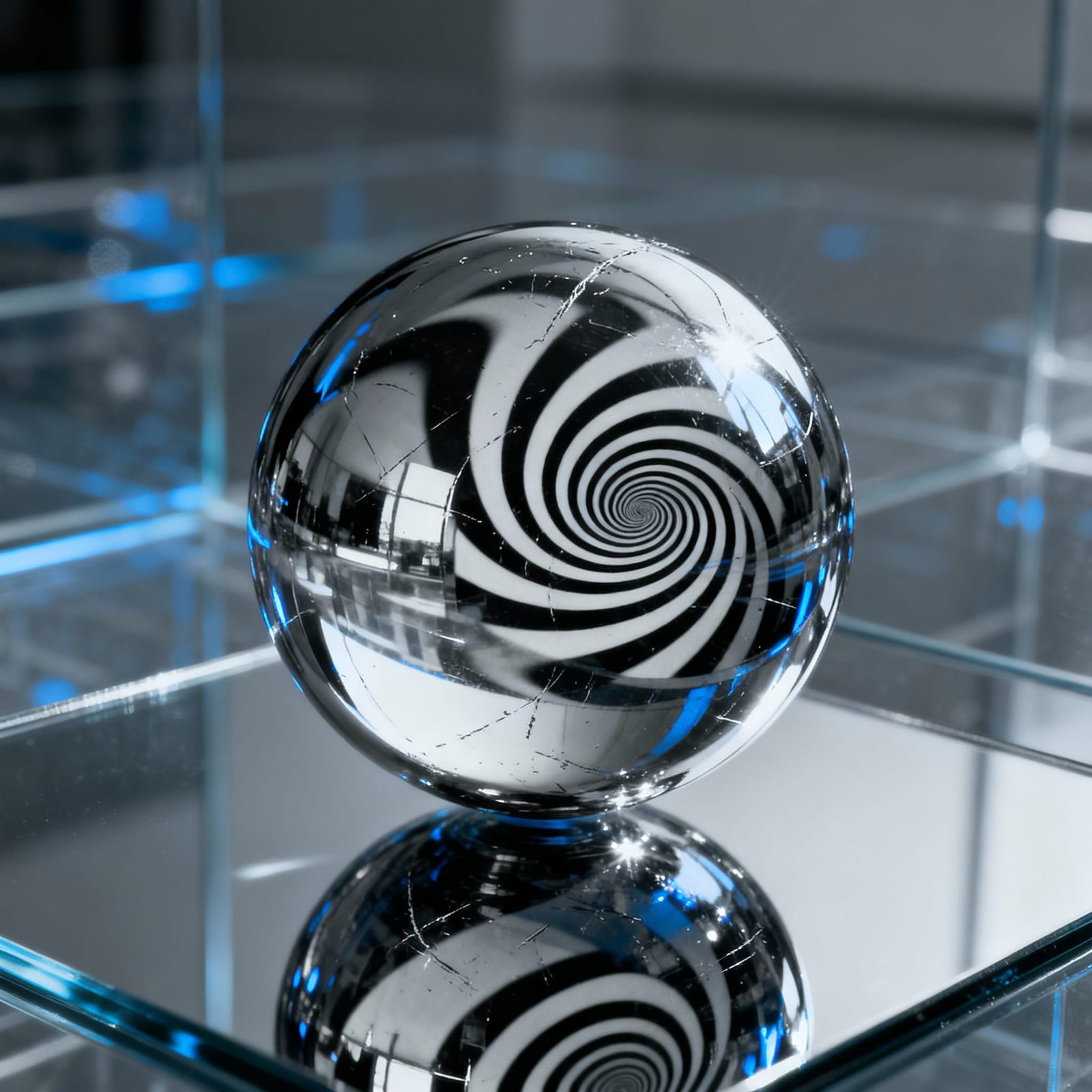 Chrome Sphere Optical Illusion on Mirrored Surface