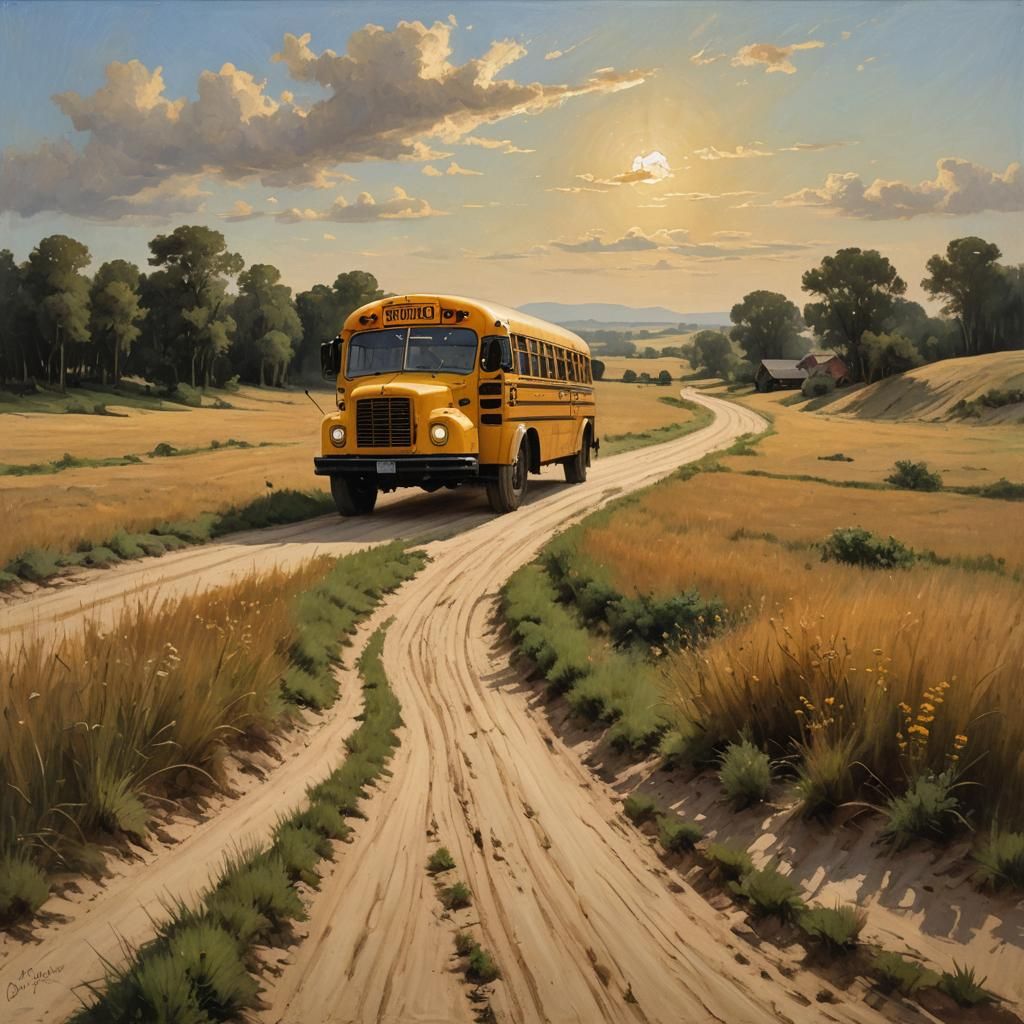 School Bus on Summer Road in Rembrandt Style