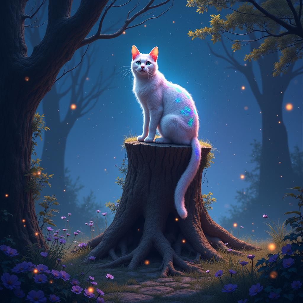 Iridescent Cat on Ancient Stump in Dreamlike Landscape