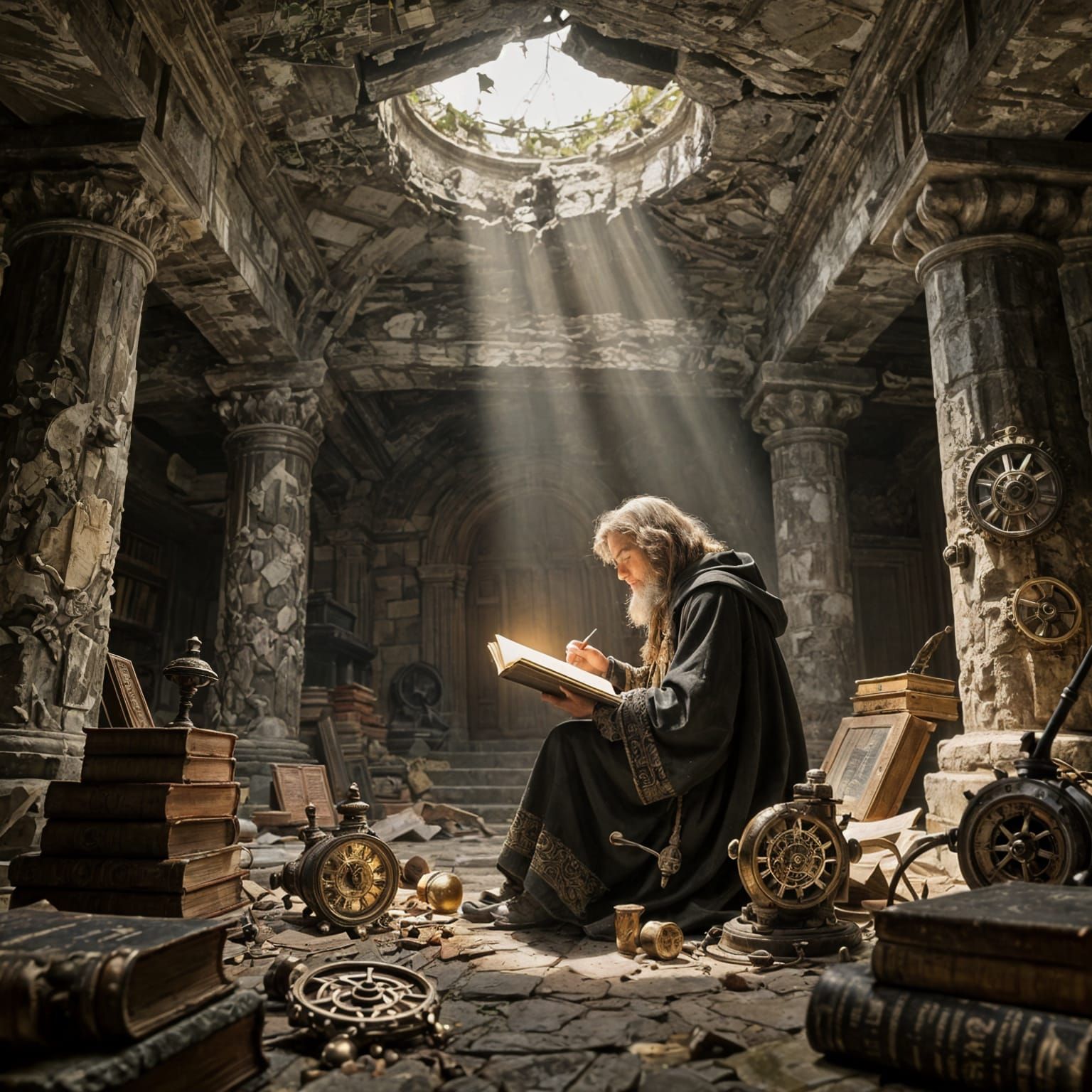 Steampunk Jungle Library with Scholar Seeking Lost Knowledge