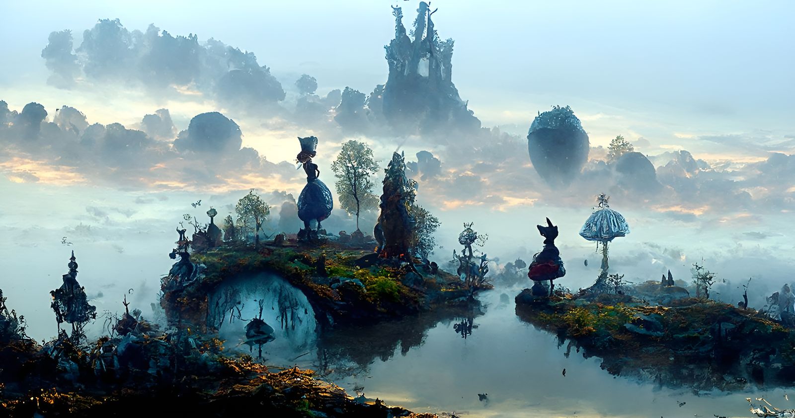 Alice in Wonderland Landscape at Dawn, Dark Fantasy Art