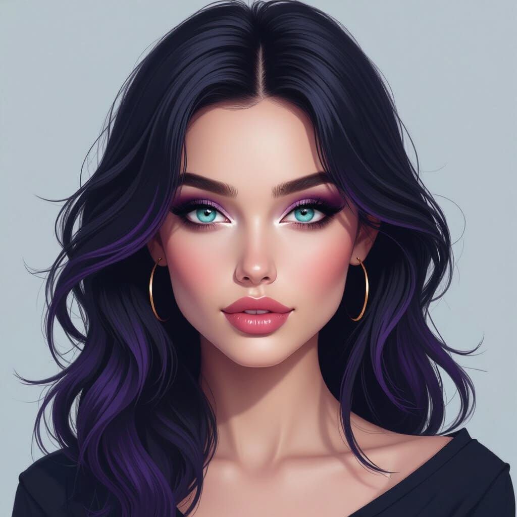 Beautiful Woman Portrait with Purple Hair and Turquoise Eyes